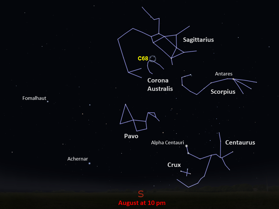 A star chart shows C68 in the top of the constellation Corona Australis, and below Sagittarius, in the southern night sky in August at 10pm.
