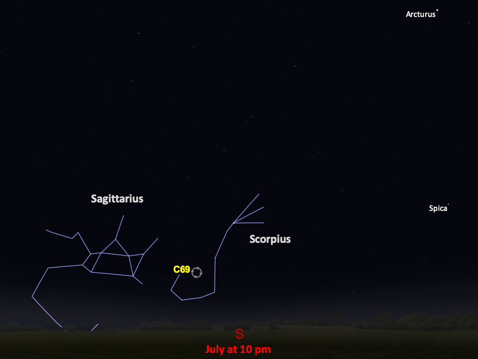 A star chart shows C69 in the lower portion of the constellation Scorpius, in the southern night sky in July at 10pm.
