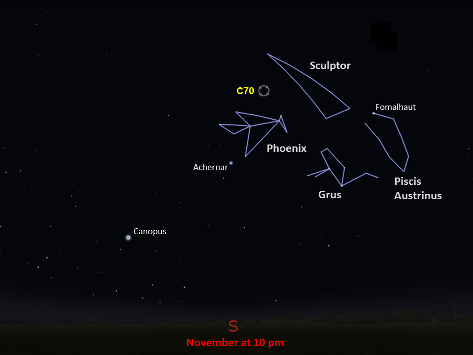 A star chart shows C70 above the constellation Phoenix and to the left of Sculptor, in the southern night sky in November at 10pm.