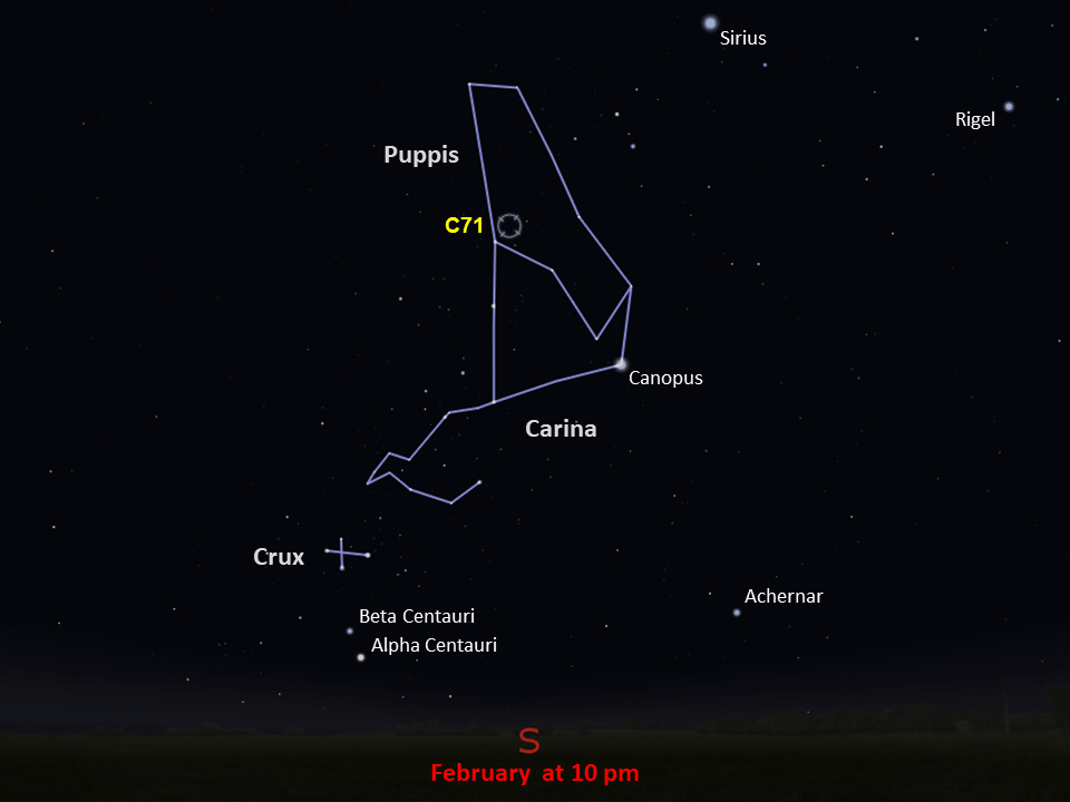 A star chart shows C71 in the constellation Puppis, in the southern night sky in February at 10pm.