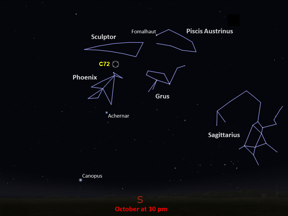A star chart shows C72 between the constellations Phoenix (below) and Sculptor (above), in the southern night sky in October at 10pm.