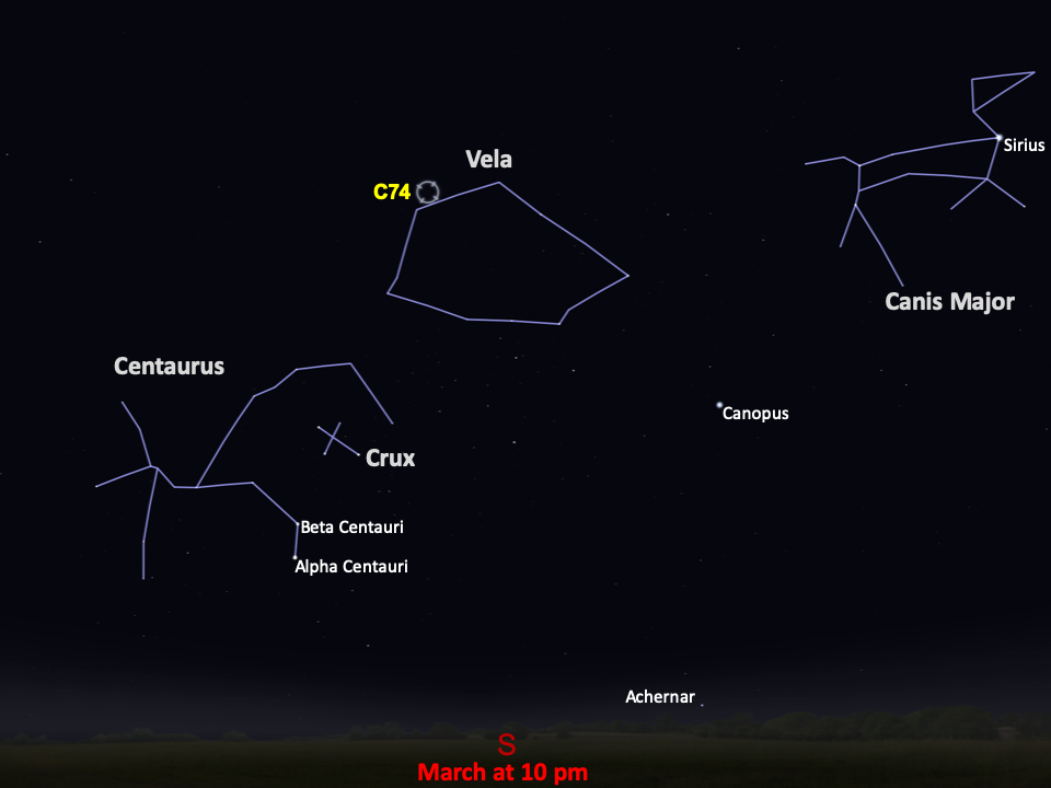 A star chart shows C74 next to the constellation Vela at the top, in the southern night sky in March at 10pm.