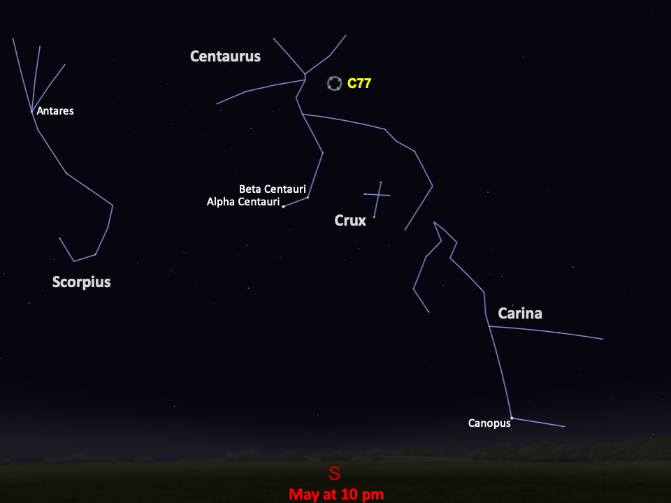 A simple map of the sky shows outlines of constellations, labeled stars and the location of C77.