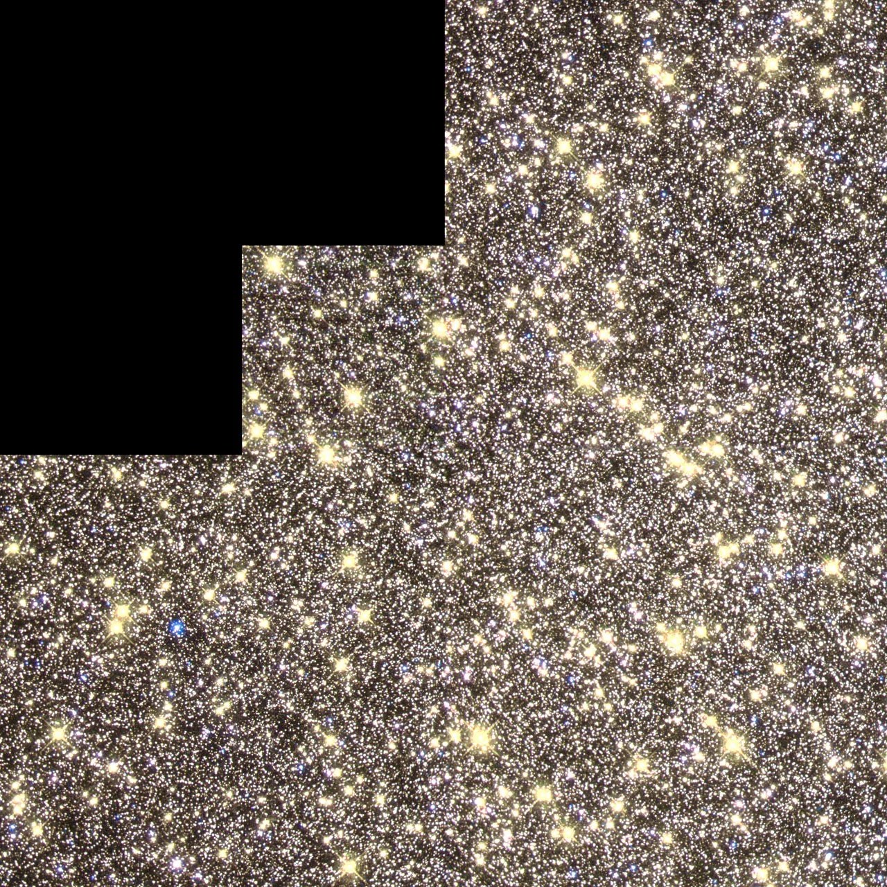 A stair-shaped image of C80 caused by design of WFPC2 shows a section of the cluster thick with yellow, white and the occasional blue star.