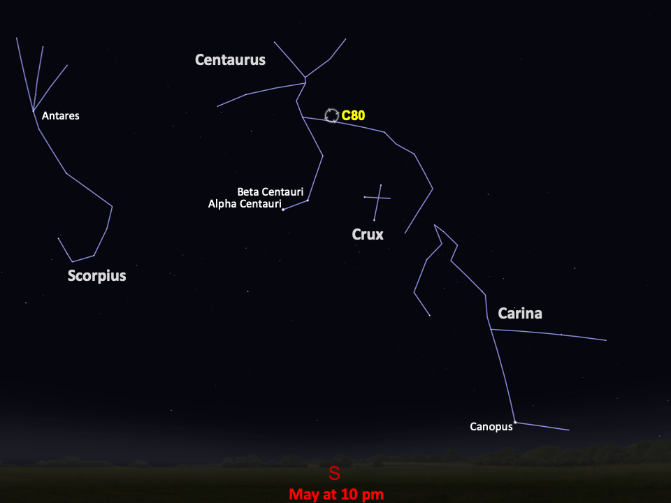 A simple map of the sky shows outlines of constellations, labeled stars and the location of 80.