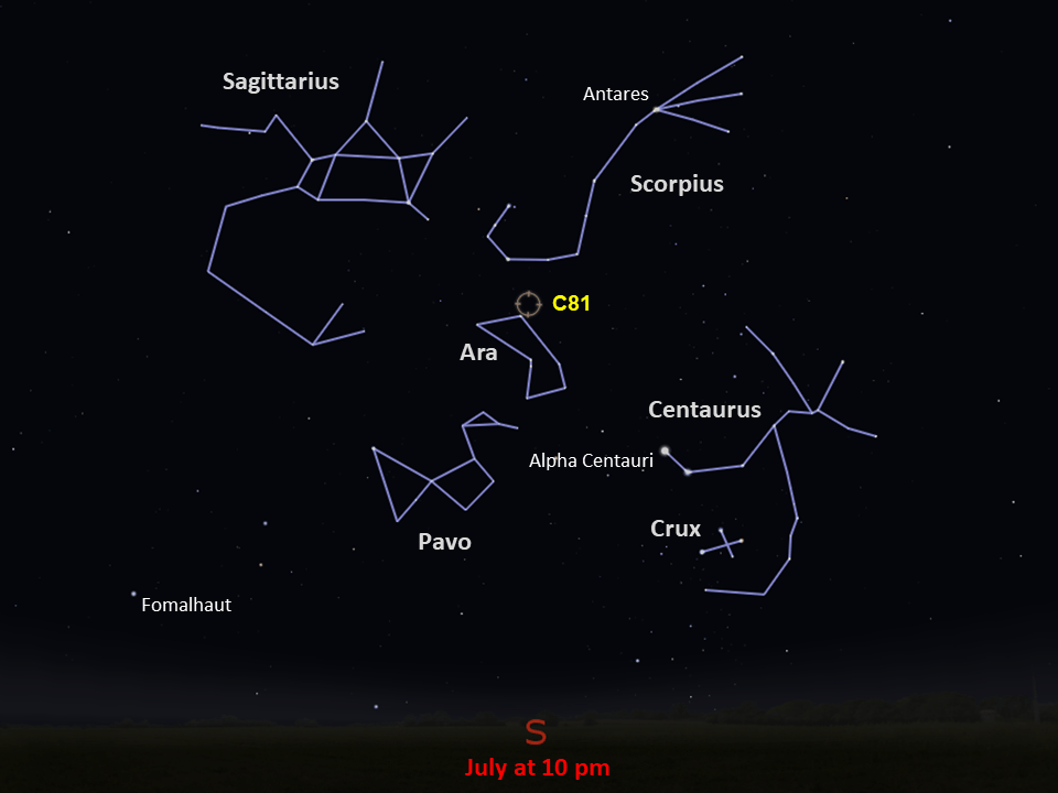 A simple map of the sky shows outlines of constellations, labeled stars and the location of C81.