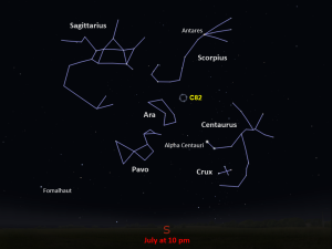 A simple map of the sky shows outlines of constellations, labeled stars, and the location of C82.