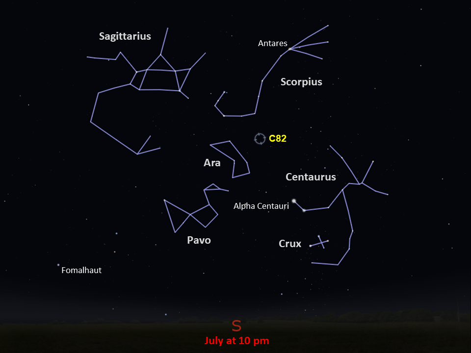 A simple map of the sky shows outlines of constellations, labeled stars, and the location of C82.