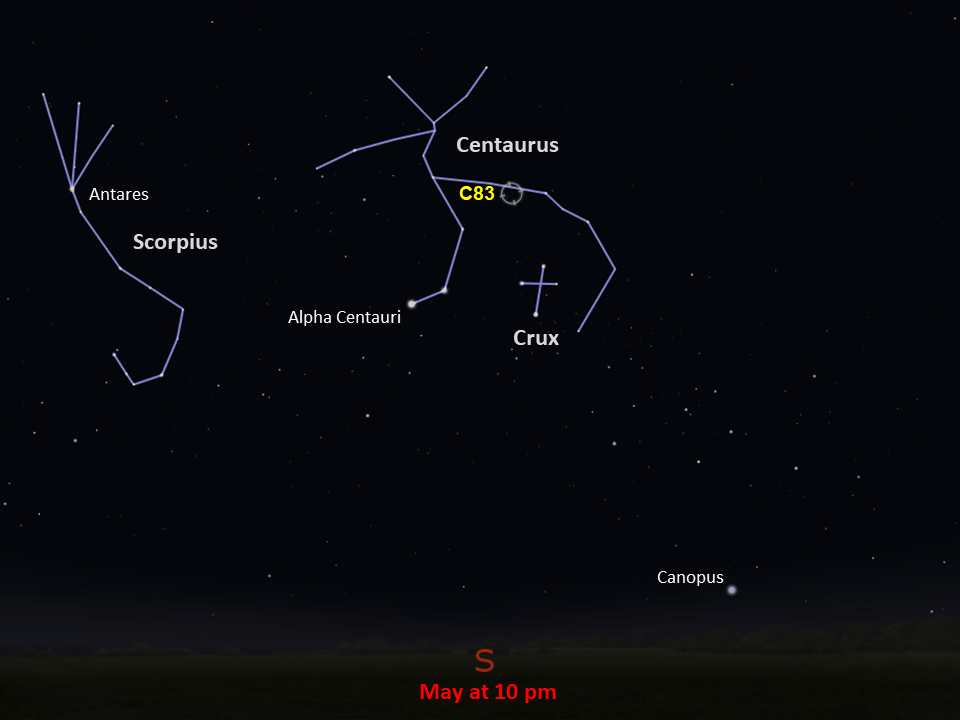 A simple map of the sky shows outlines of constellations, labeled stars, and the location of C 83