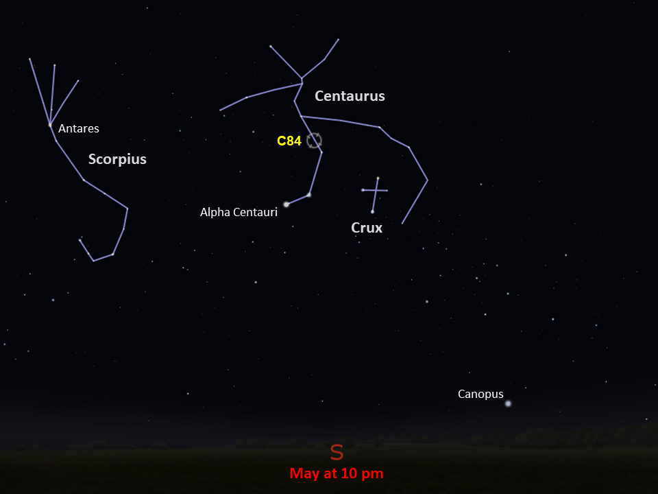 A simple map of the sky shows outlines of constellations, labeled stars, and the location of Caldwell 84.