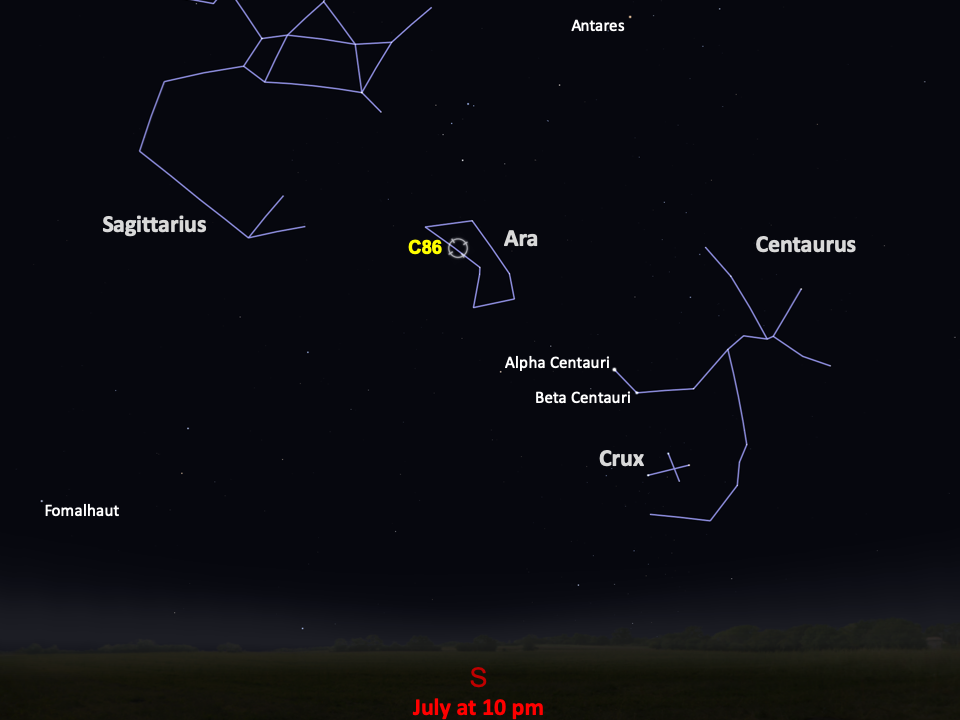 A simple map of the sky shows outlines of constellations, labeled stars, and the location of Caldwell 86.