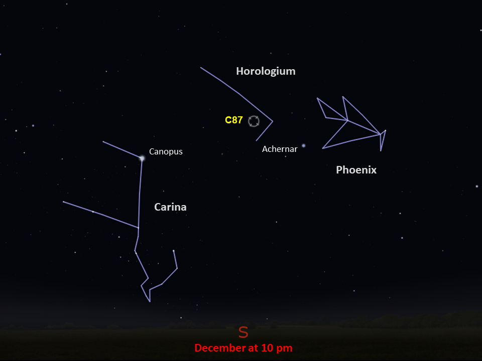 A simple map of the sky shows outlines of constellations, labeled stars, and the location of Caldwell 87