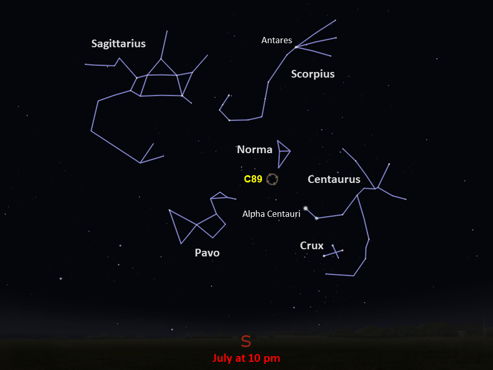 A simple map of the sky shows outlines of constellations, labeled stars, and the location of Caldwell 89