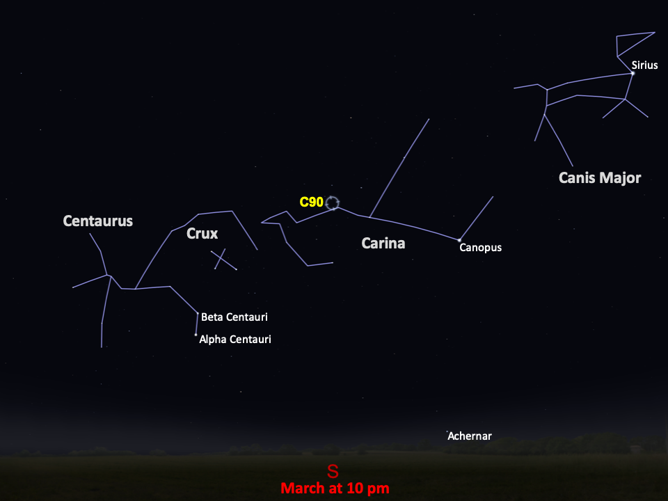 A simple map of the sky shows outlines of constellations, labeled stars, and the location of Caldwell 90.
