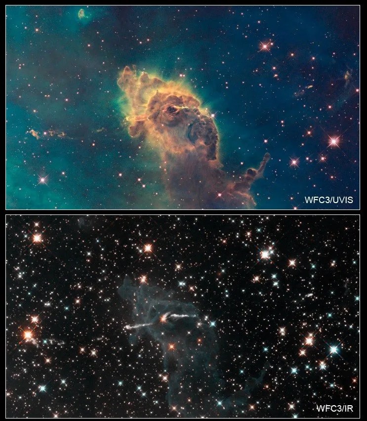 The top image shows an opaque column of gold and brown glowing gas and dust rising against a blue-green background of gas-filled space with scattered pinkish stars. The bottom image shows the same image, but many more stars are visible. The column of gas and dust is a dim, ghostly gray version of itself and mostly transparent. Stars can be seen through it and a cloudy jet of gas is visible emerging horizontally from within the column. The background is black space dotted with a myriad of stars.