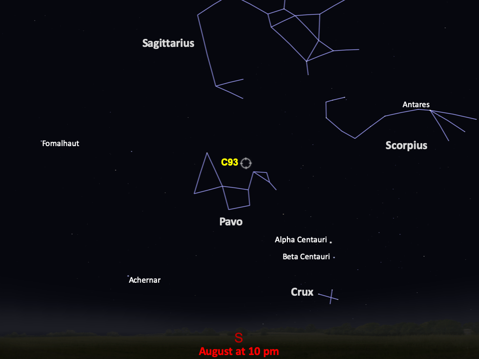 A simple map of the sky shows outlines of constellations, labeled stars, and the location of Caldwell 93.