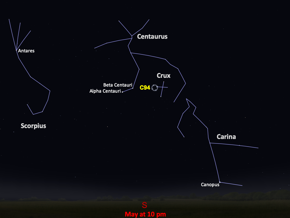A simple map of the sky shows outlines of constellations, labeled stars, and the location of Caldwell 94.