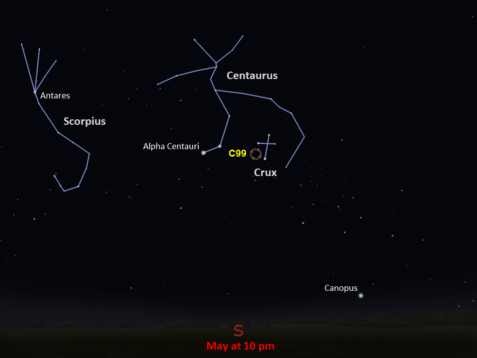 A simple map of the sky shows outlines of constellations, labeled stars, and the location of Caldwell 99.