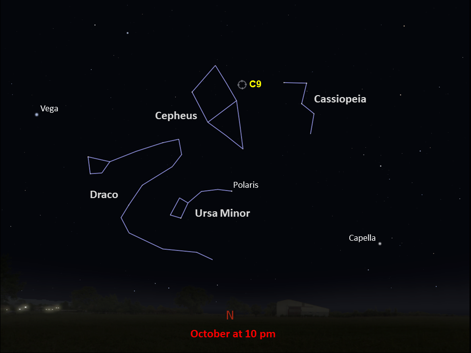 Line drawings of constellations pinpoint the location of Caldwell 9