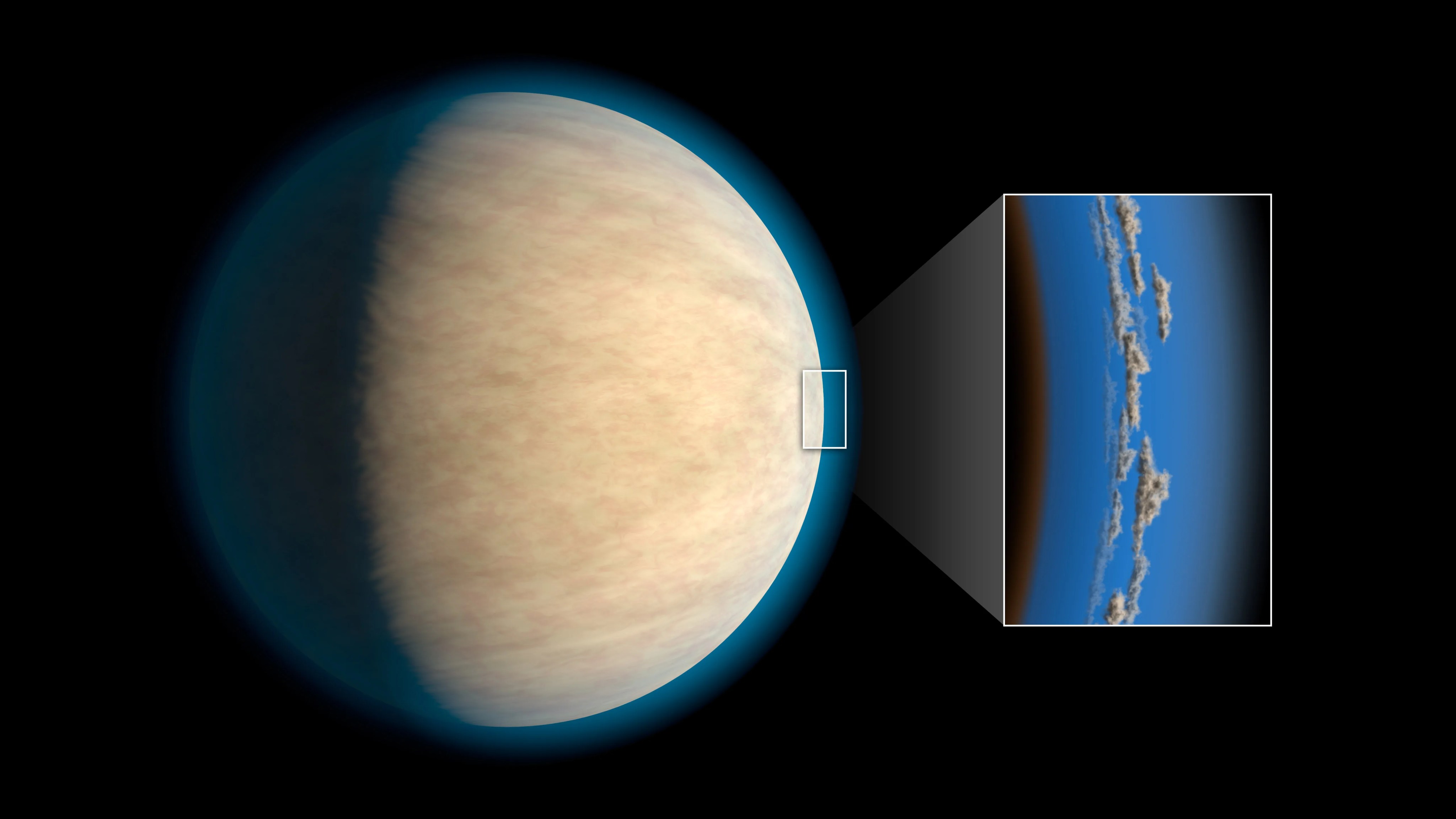 Artist's concept of hot jupiters shows a beige, hazy planet surrounded by a blue halo of atmosphere. A callout box shows clouds drifting above the planet's surface in a blue band.