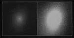 Left: a faint grey haze against a black background. Right: A large, bright-grey, oval surrounded by a fainter grey haze