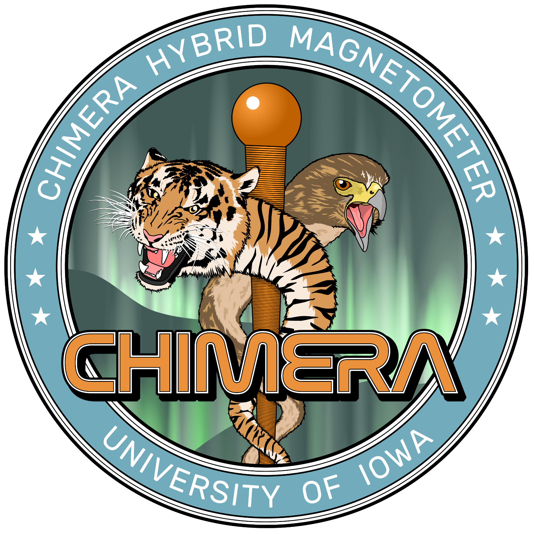 Chimera circular logo. Outside light blue ring reads Chimera Hybrid Magnetometer, University of Iowa. The center of the logo is a tiger and a hawk wrapped around a pole with the text