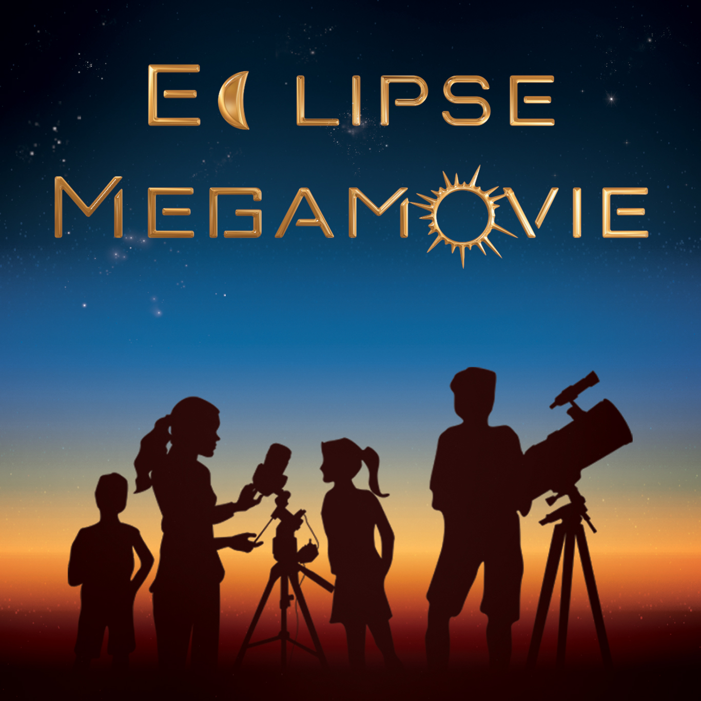 A silhouette image of 3 people with telescopes with the text Eclipse Megamovie above it.