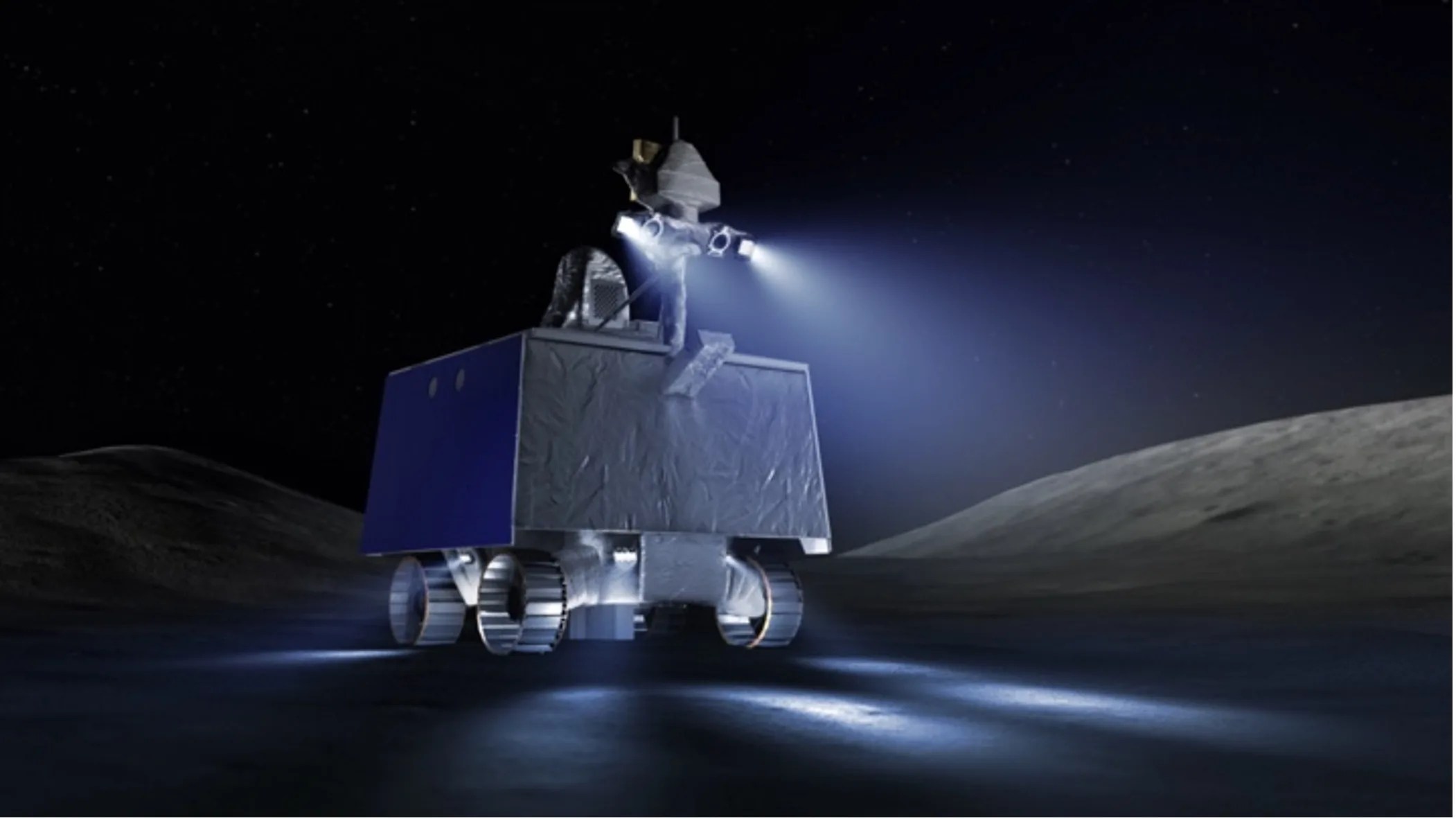 The image shows a graphic illustration of the rover known as VIPER. It is mostly grey with blue siding and the central structure is box-like. Four wheels are underneath the rover, which will help it traverse the lunar south pole. Mounted on top of the rover are a couple of additional small structures as well as lights that will shine the way in permanently shadowed regions (PSRS). In the background is a simulation of the Moon’s surface surrounded by black space.