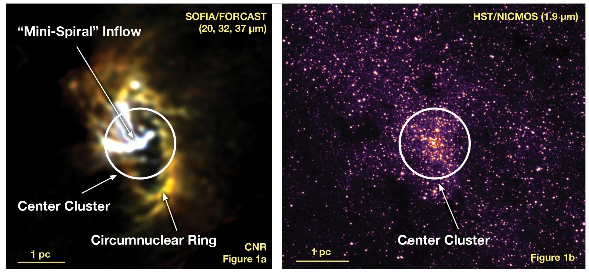 Mid-infrared image of the Milky Way Galaxy's nucleus showing the Circumnuclear Ring of gas and dust clouds orbiting a black hole