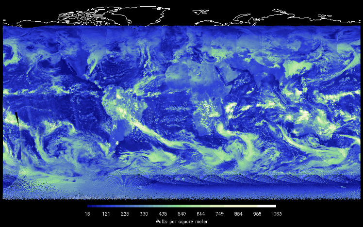 Satellite map image of the earth showing solar radiation in green