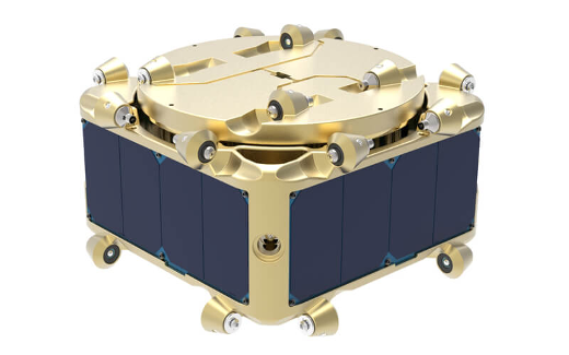 A 3D representation of a modular instrument; a metallic gold object with dark blue panels and wheels