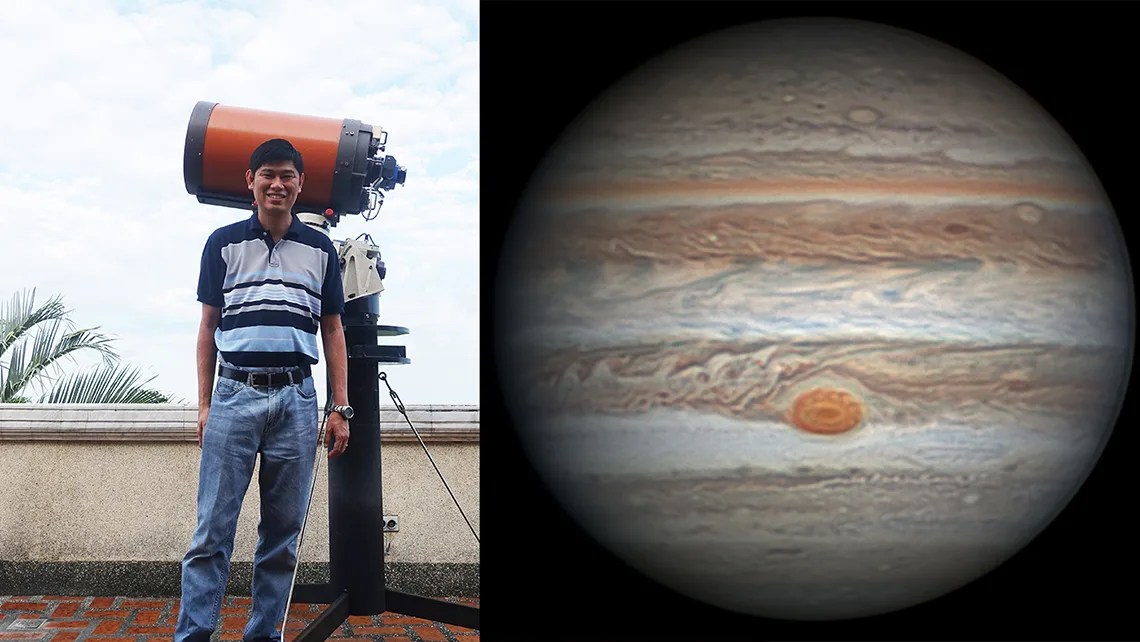 Photo of Christopher Go, left, and an image of Jupiter on the right