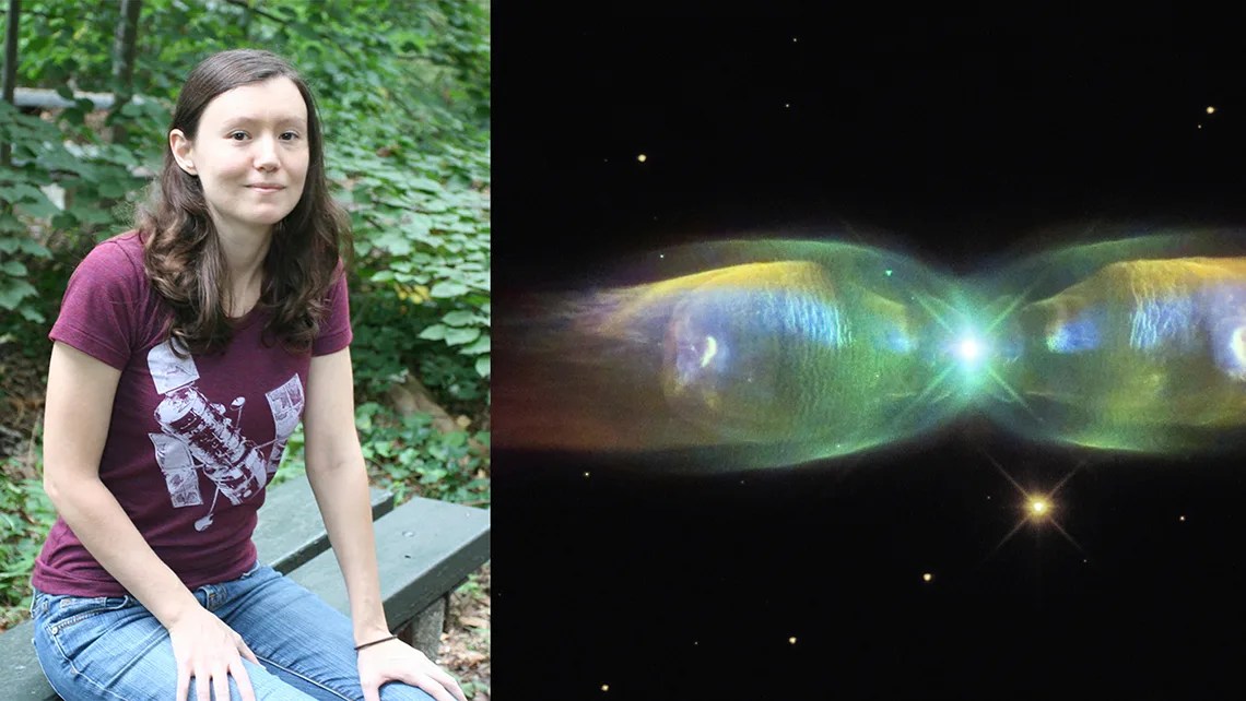 Photo of Judy Schmidt, left, and image of Planetary Nebula on the right