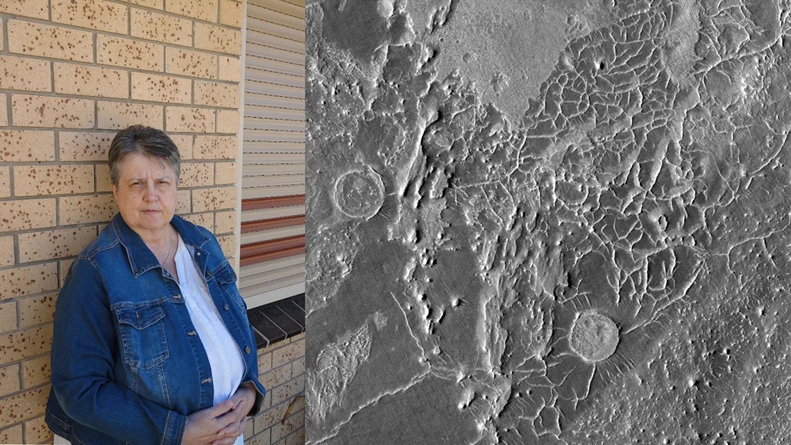 Photo of Sylvia Beer, left, and an image of polygonal ridges on Mars