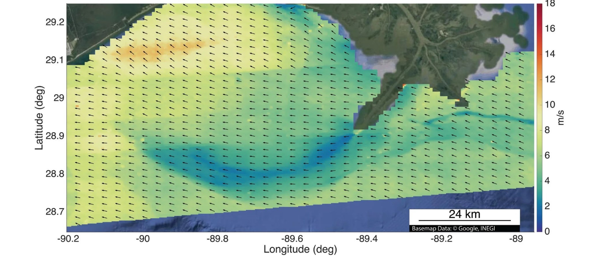 Diagram of wind speed and direction in the Gulf of Mexico