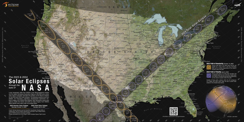 A map shows the 48 contiguous U.S. states with two dark bands running across it. One band, labeled "Annular Solar Eclipse," crosses states from Oregon to Texas. The other band, labeled "Total Solar Eclipse," crosses states from Texas to Maine.