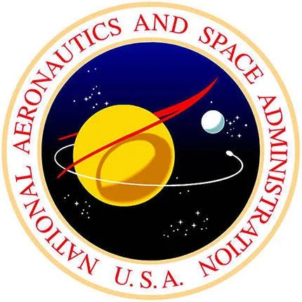 NASA Seal: A round seal. Outer ring is yellow. "National Aeronautics and Space Administration U.S.A" text in red encircles an inner illustration of a yellow sphere with a blue-white world orbiting it.