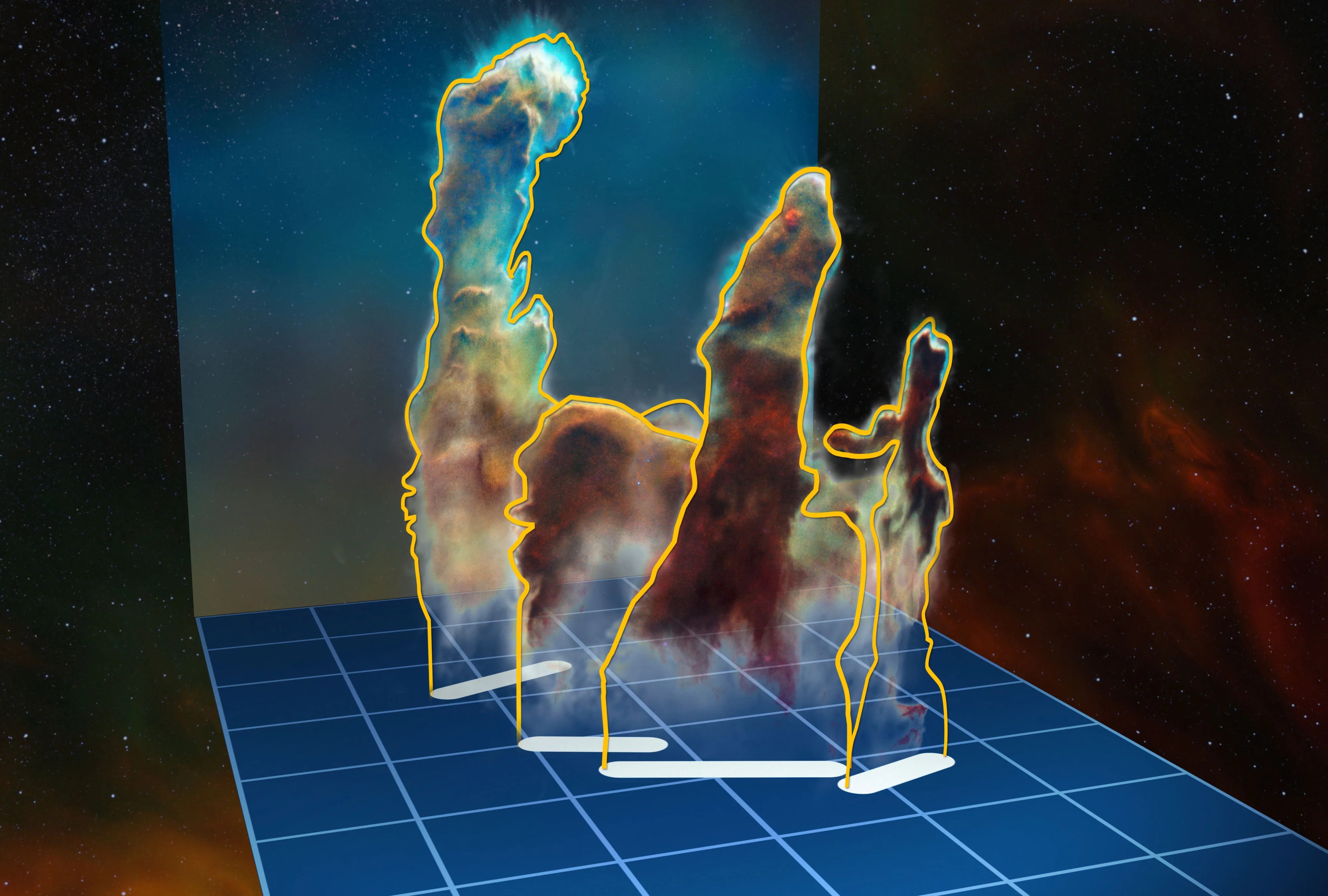 A pop-up book-like 3-d visualization of pillars of creation shows flat, cut-outs of the pillars in separate locations on a graph paper.