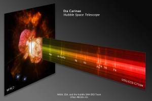 Hubble observations of Eta Carinae. Left is a colorful image of the double-lobed nebula with a line indicating where the spectrum was taken. Right is the spectrum extending out from Eta Carinae.