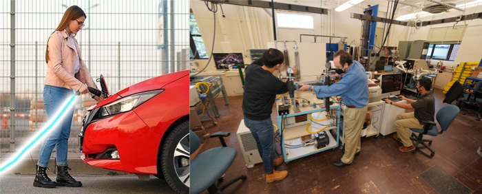 Photo on left is a woman plugging in a red electric vehicle; photo on right is a group of people working with equipment in a lab