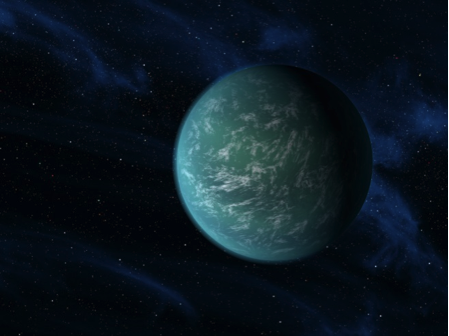 Figure 2. An artist’s rendition of a possible water-ocean planet called Kepler-22b that has 230 day orbit and is in the habitable zone of its star. Credit: NASA