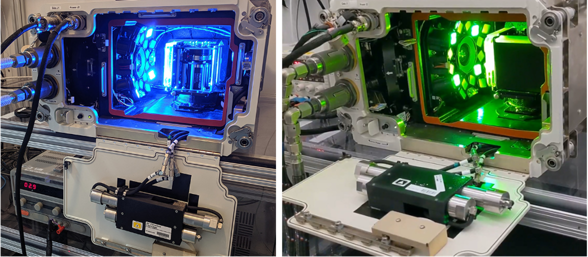 Photo on the left shows a blue light emitting out of the spectrum, photo on the right shows a green light emitting from the spectrum.