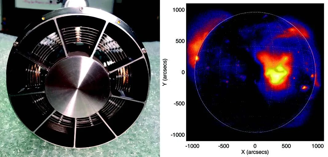 Photo of the FOXSI X-ray mirror on the left and an x-ray image of the sun on the right