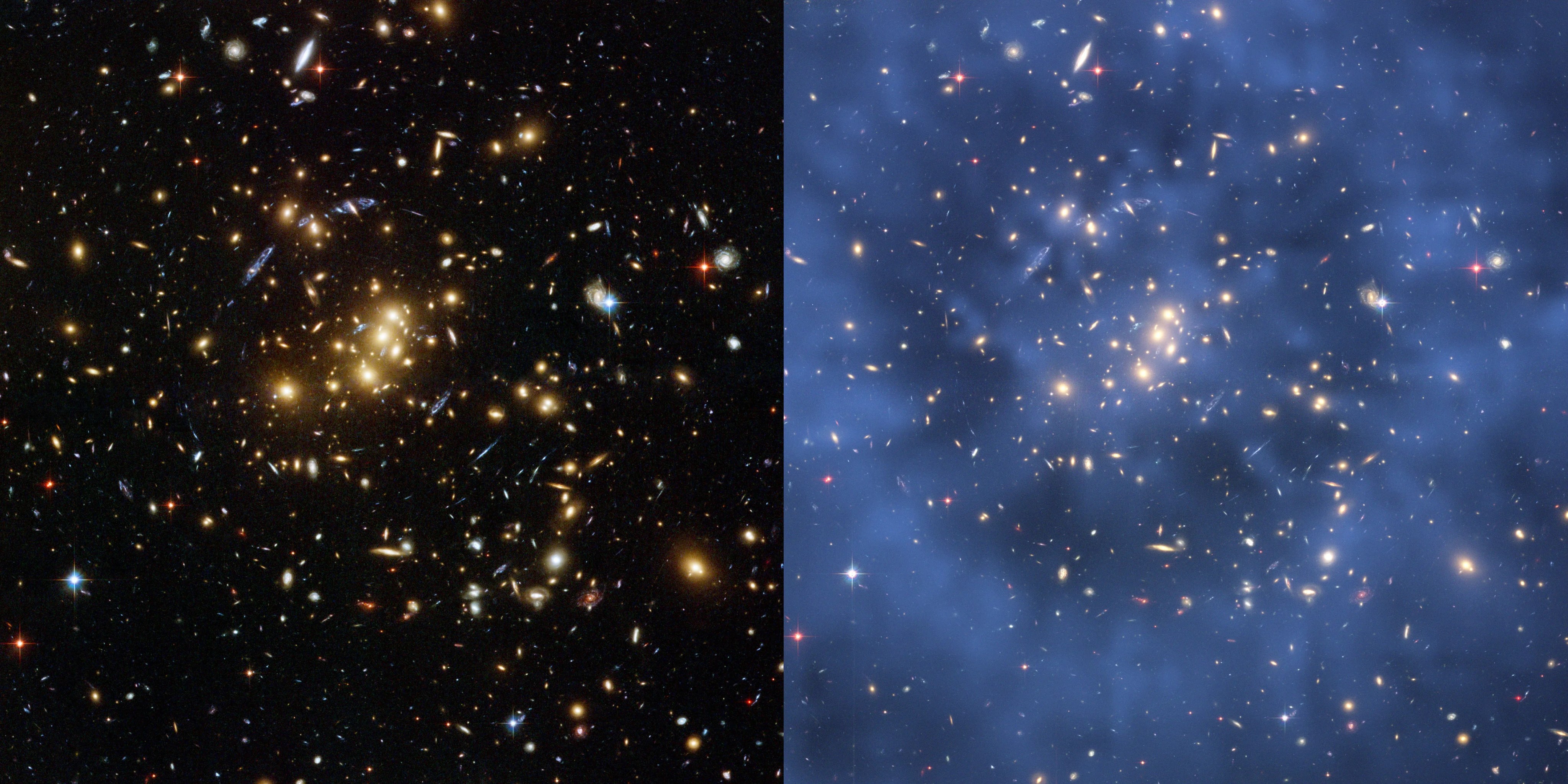 two Hubble images of galaxy cluster Cl 0024+17 (ZwCl 0024+1652), with right image shaded to illustrate dark matter