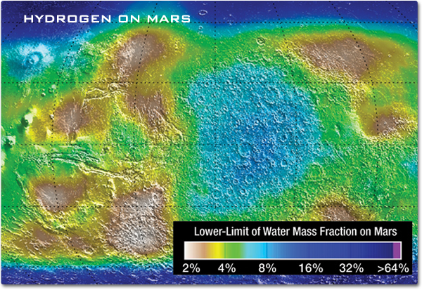 A color map of Mars showing the distribution of hydrogen by mapping the lower-limit of water mass fraction.