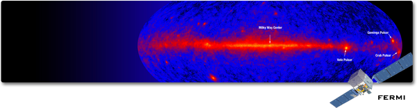 an all-sky color map of gamma ray sources in the night sky.  A large bright area of gamma ray sources from the Milky Way galaxy stretch across the center.