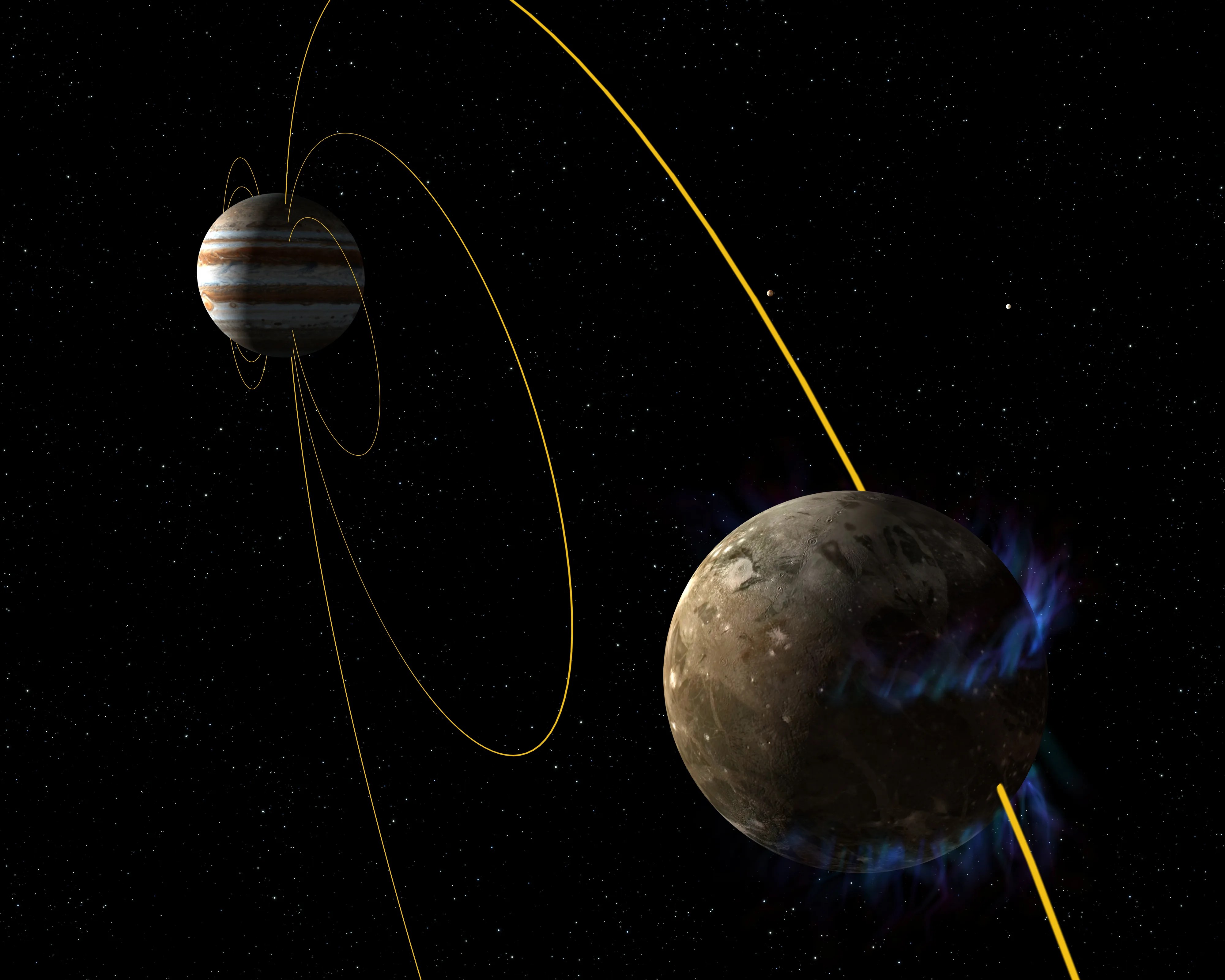 In this artist’s concept, the moon Ganymede orbits the giant planet Jupiter.