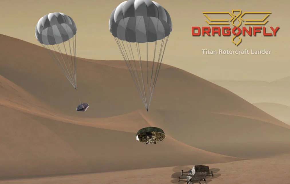 Artist depiction of Dragonfly mission with two parachute rotorcraft above the surface of the moon Titan