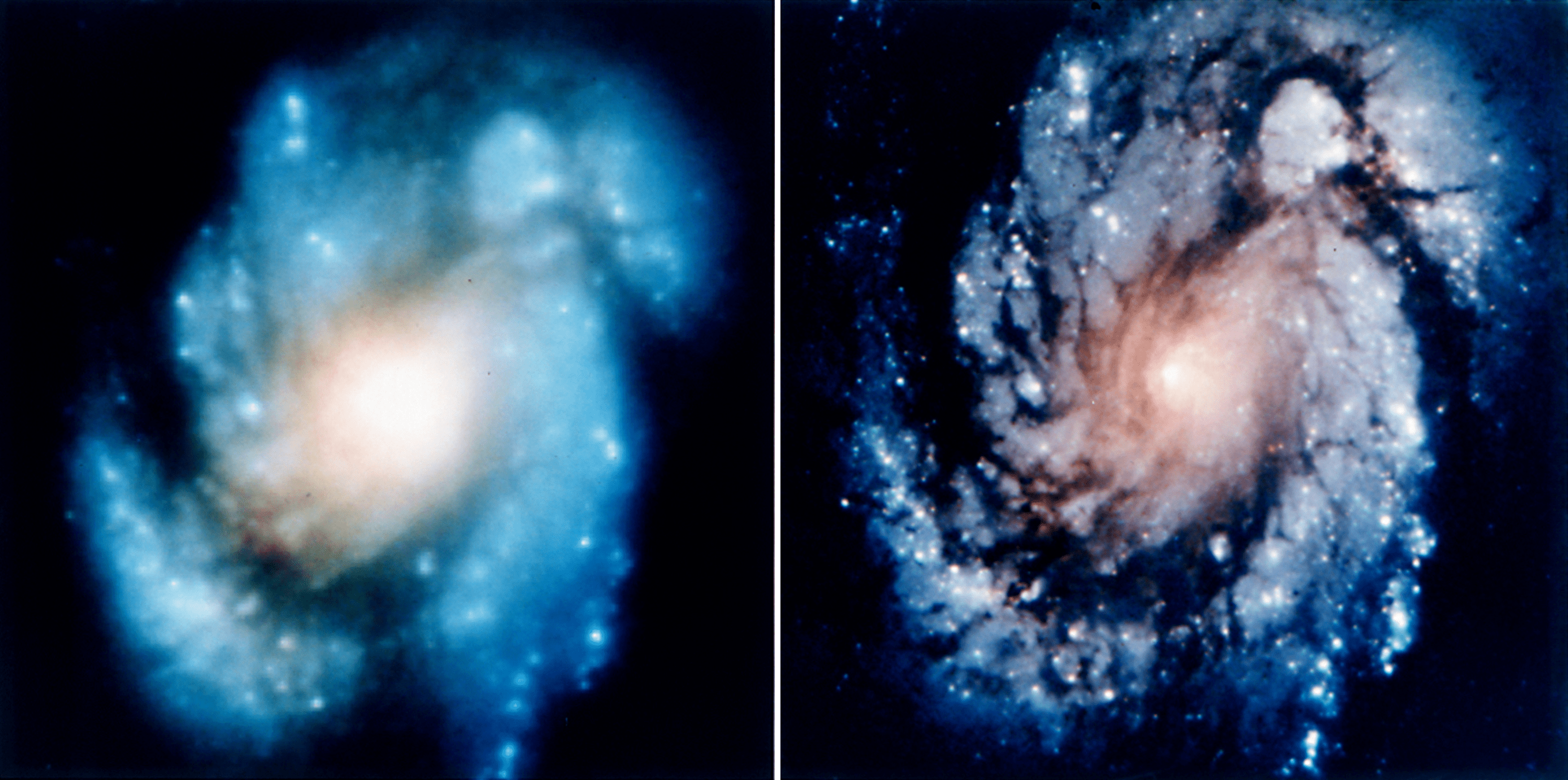 This two-pane image shows a spiral galaxy that appears blurry on the left, with cloudy arms and a hazy center. A much clearer image of the same spiral galaxy is in the panel on the right, showing a defined core and more distinct arms.