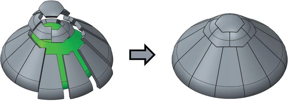 A drawing of the individual components that make up a heatshield (left) and the fully assembled heatshield with integrated seams bonded to the structure underneath (right).